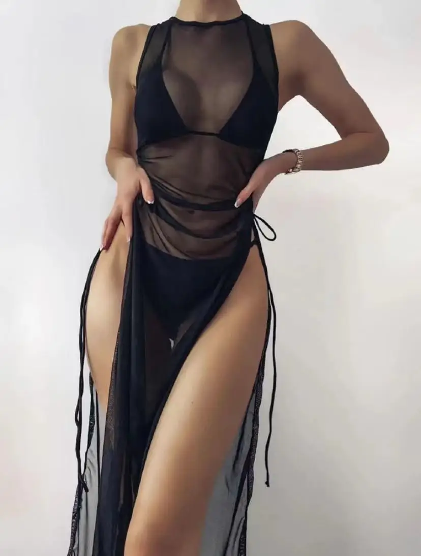 

BLESSKISS 3 Piece Bikini Set With Long Cover Up Beach Outfit Women Swimwear 2023 Sexy Micro Neon Bathing Suit Swimsuit Black