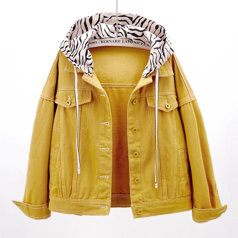 

Куртка женская джинсовая короткая с капюшоном, модная свободная повседневная верхняя одежда из денима с принтом зебры, 3 цвета, в Корейском ...
