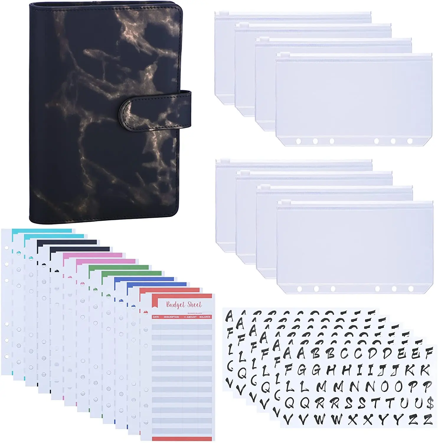 

New A6 PU Leather Cash Money Budget Binder with 8PCS A6 Binder Pockets, 12PCS Expense Budget Sheets, 6PCS Letter Sticker Labels