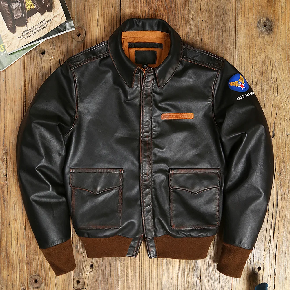 Vintage Tea Wick Horsehide Men's Great Escape A2 Flight Motorcycle Genuine Leather Jacket Military Pilot Clothes