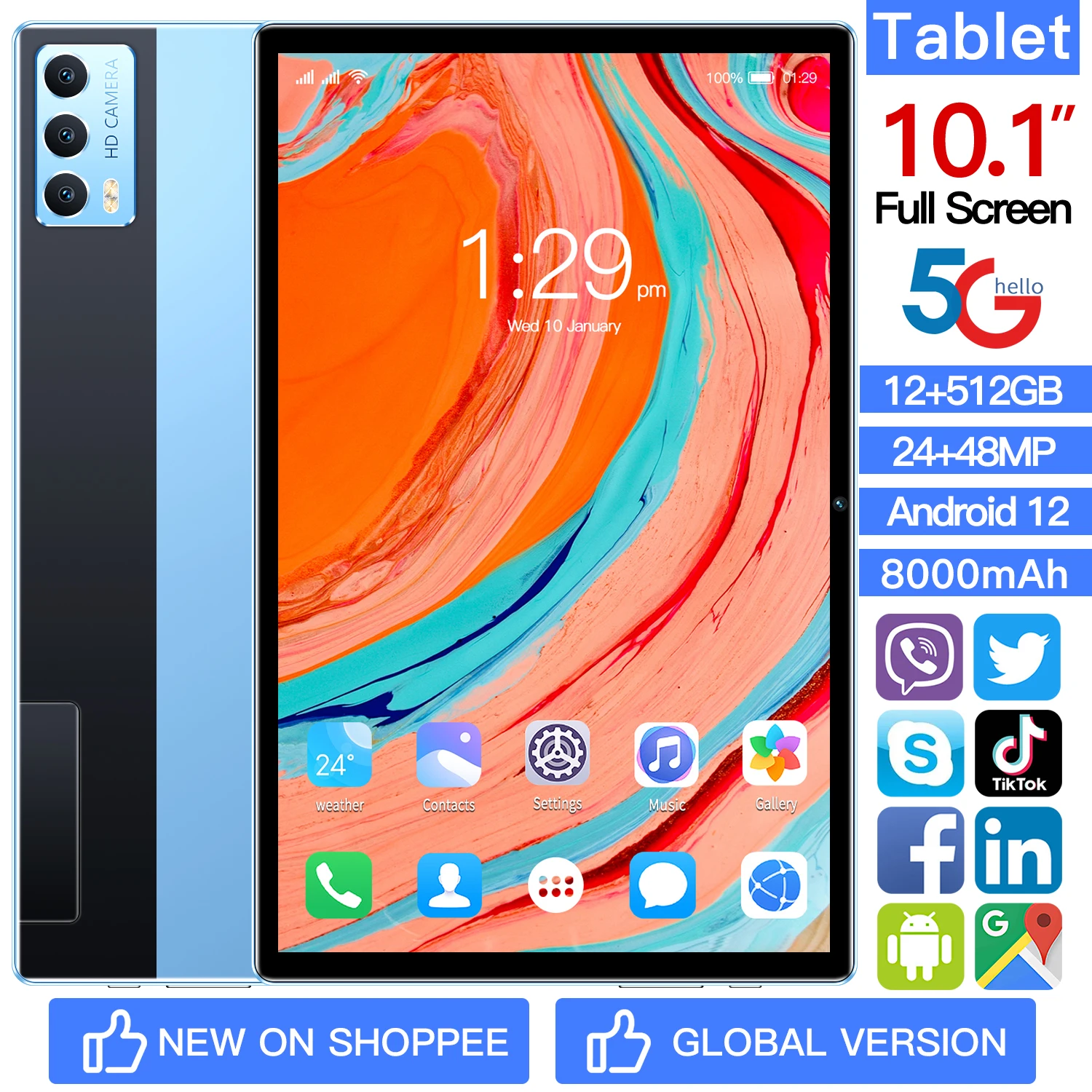 

Новый 10,1-дюймовый планшетный ПК 12 Гб + 10,1 ГБ, Android 12, десять ядер, функция звонков, Google, Wi-Fi, Bluetooth 512, две SIM-карты или Wi-Fi планшет