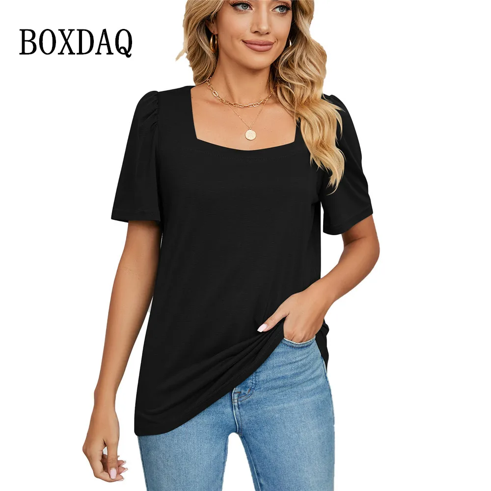 

Летняя блузка, Вязаная хлопковая короткая футболка с квадратным вырезом, женская рубашка, Повседневная однотонная модная футболка с коротк...