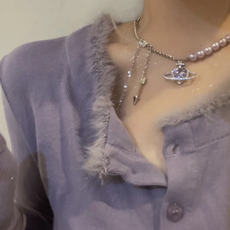 

harajuku aesthetic Trend Crystal Pearl Purple Beads Heart space Choker Necklace goth cute Women egirl grunge y2k fairy jewelry