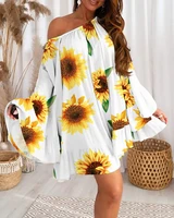 casual sunflower print loose dress for women 2022 summer fashion sexy off shoulder white ruffle slim dresses long sleeve dress