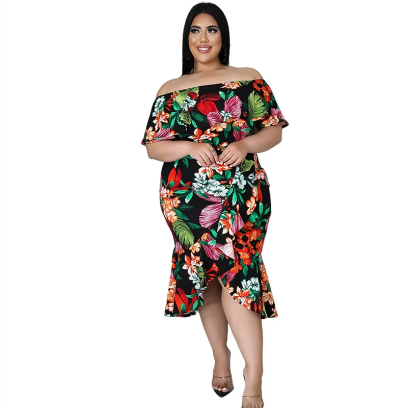 2023 Spring Women Floral Dress Off Shoulder Ruffle Design Fashion Elegant Outfit Summer Luxury Gown Plus Size Party New In Dress