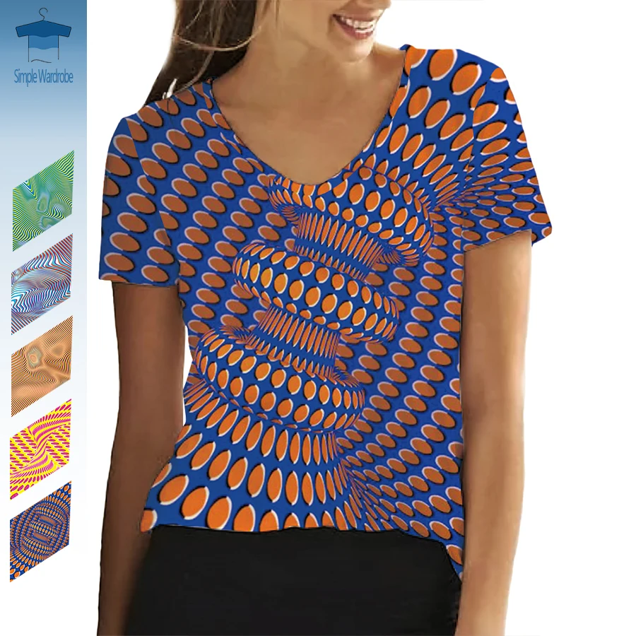 

Colorful Visual Illusion Lines Geometry Picture 3D Printed Short Sleeve V-neck Normal Size Women T-shirt Fashion Funny Top