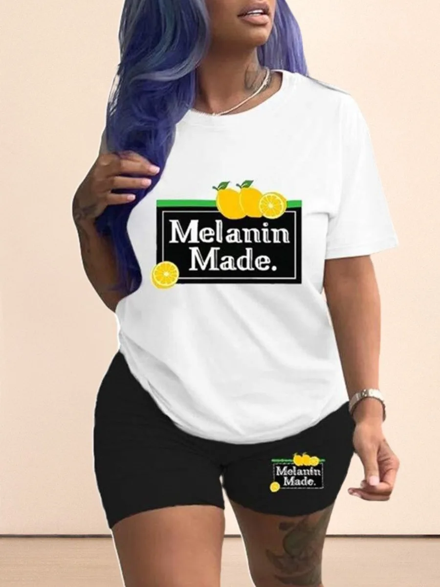 

LW Two Piece Shorts Set Women Fashion Gorgeous Soft Casual Loose Lemon Letter Print Y2K Short Sleeve Female streetwear Outfits
