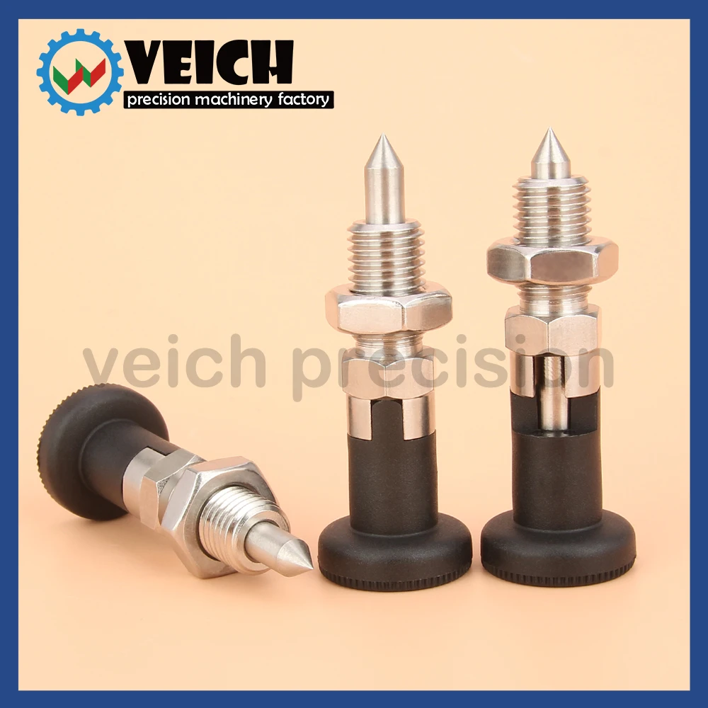 

VCN220 Black Plastic Knob Plunger Hand Retractable Spring Taper Pins Lock-Out Pyramid Type Indexing Plungers With Nuts