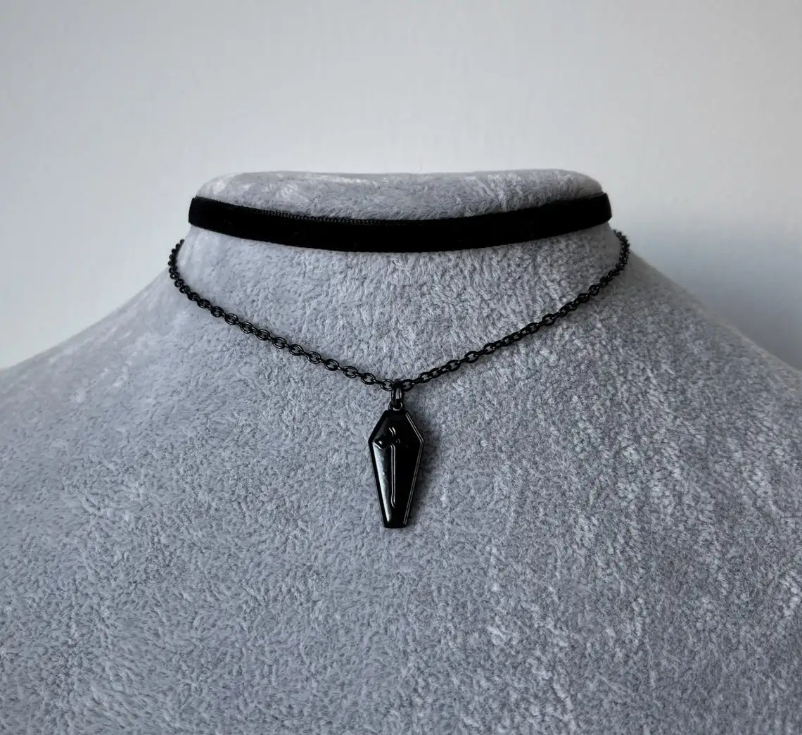 

Black Coffin Choker Black Coffin Necklace Grunge Necklace Emo Collar Jewelry Goddess Velvet Double Chain Choker
