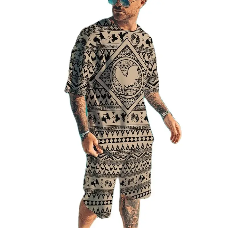 

Мужской комплект для бега с объемным принтом в европейско-американском стиле, летний подростковый топ с круглым вырезом, футболки, костюм ...