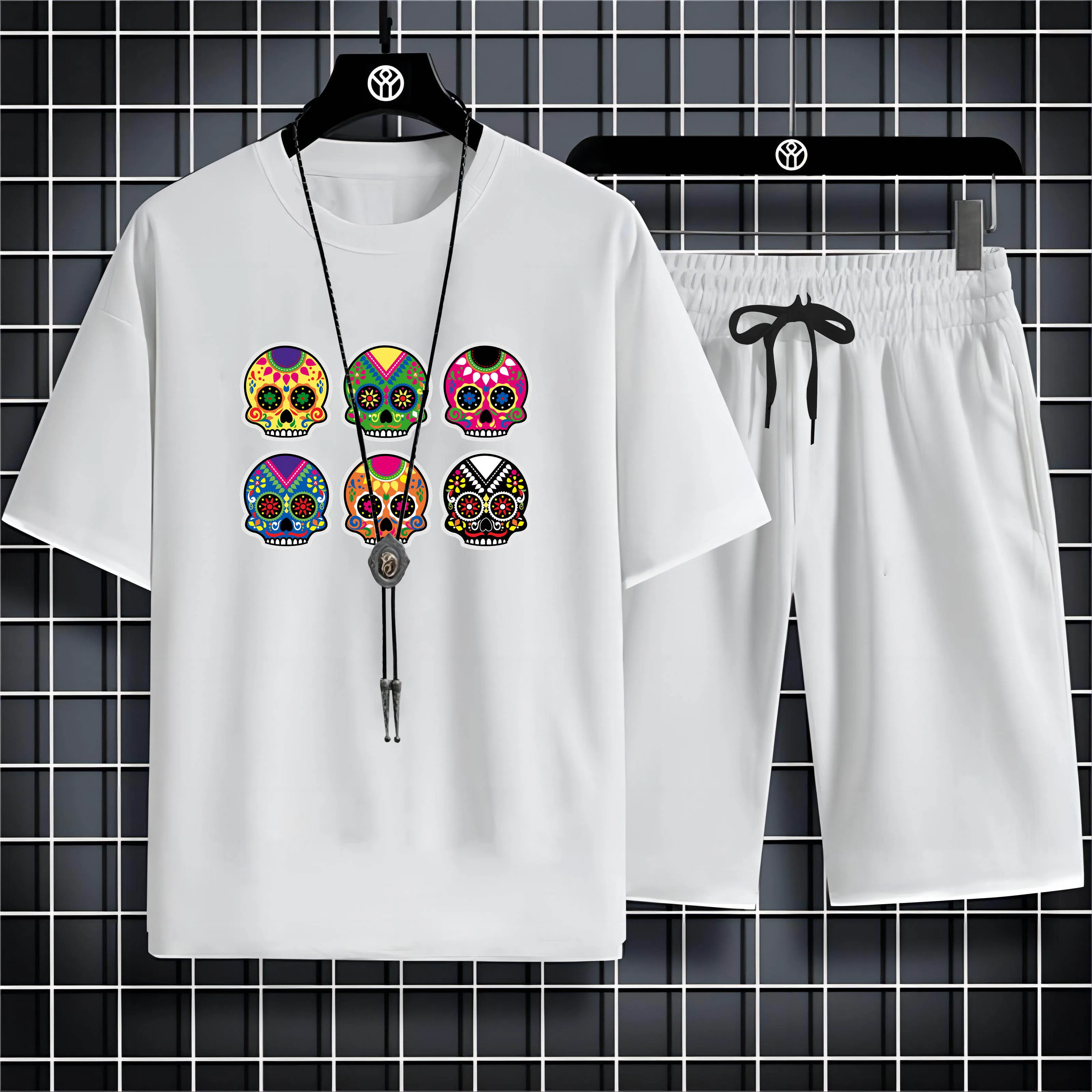 

Four Seasons Casual Sportswear 2d Skull Print Men'S Crew-Neck Loose Comfortable Short-Sleeved T-Shirt Men'S Fashion Suit