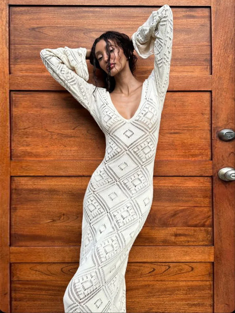 2024 Сексуальное вязаное длинное платье с v-образным вырезом однотонное крючком в