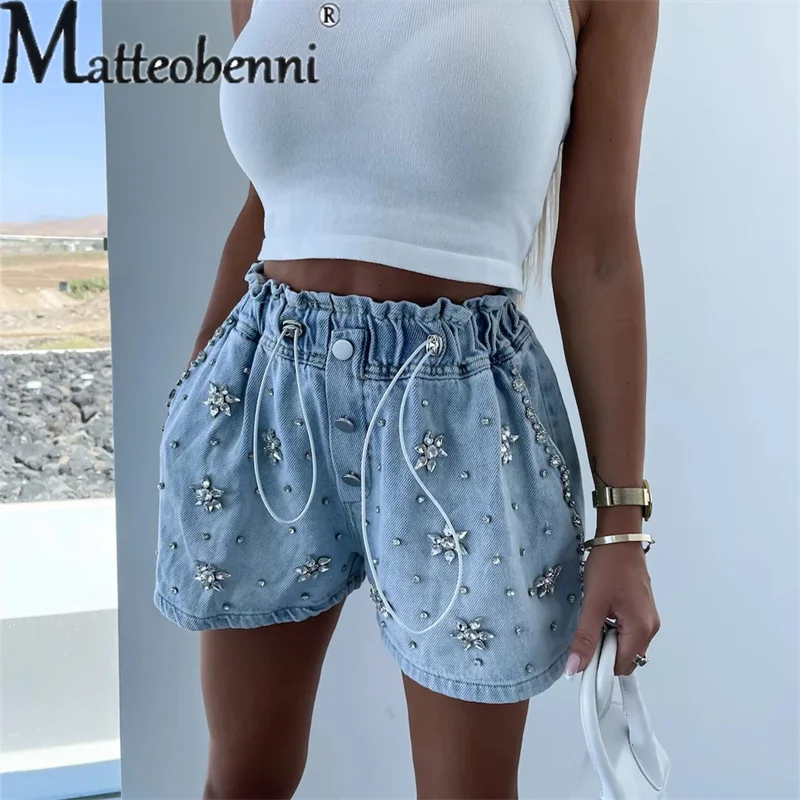 Fashion Splicing Diamond Decorative Denim Shorts Female Daily Casual Loose Waist Drawstring Three Quarter Pants Women's Jeans 23