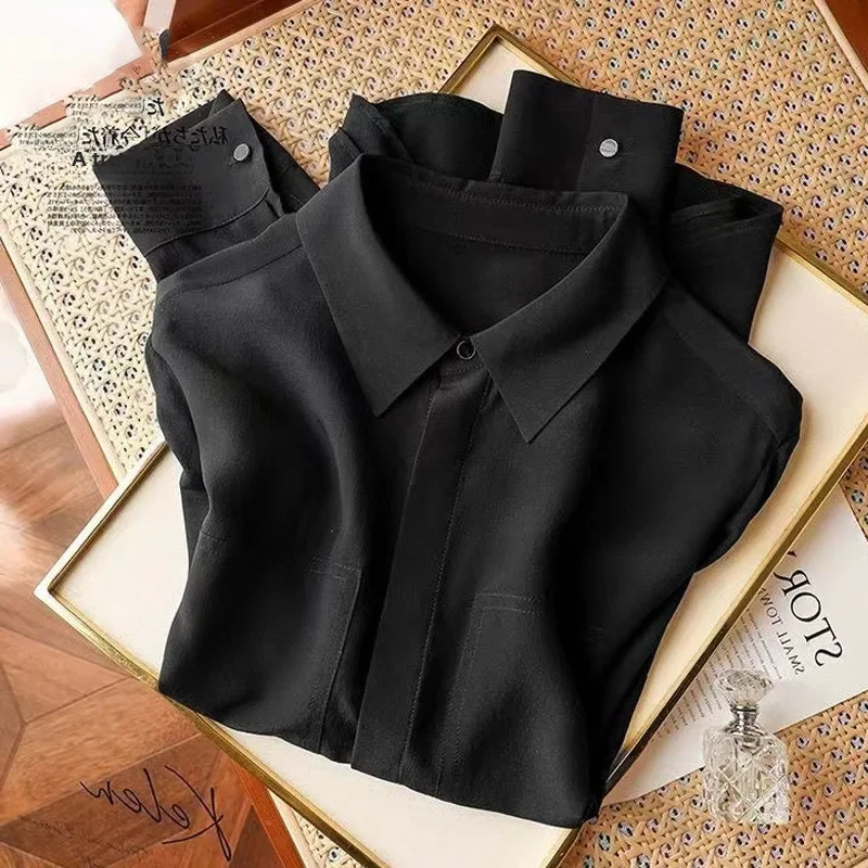 Элегантная утягивающая женская шелковая рубашка с длинными рукавами модная