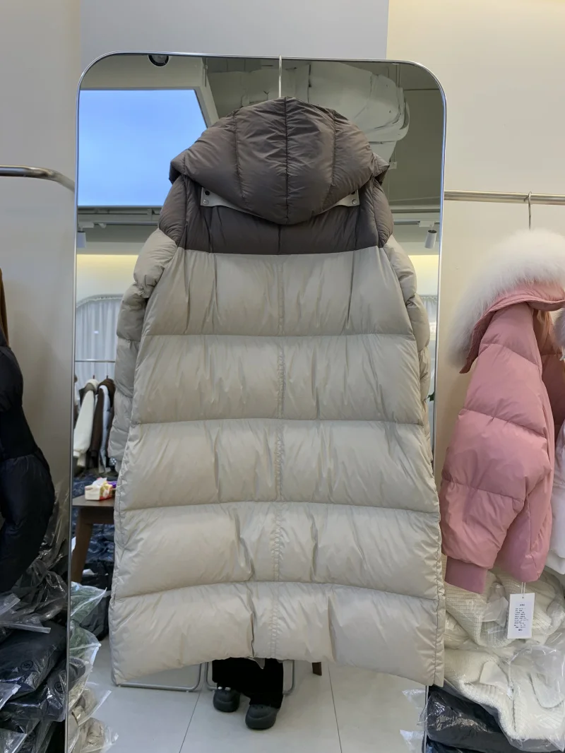 2022 Ladies Down Coat with a Hood Thick Puffer Parkas for Women Patchwork Female Winter Cloth Jacket Plush Oversized Maxi Long