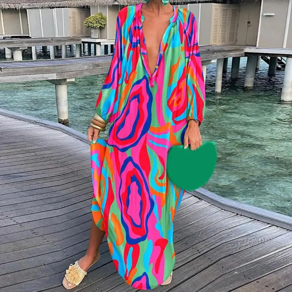 

Classic Women Dress Shrinkable Cuffs Ankle Length Casual Dress Simple Casual Oversized Pullover Long Dress