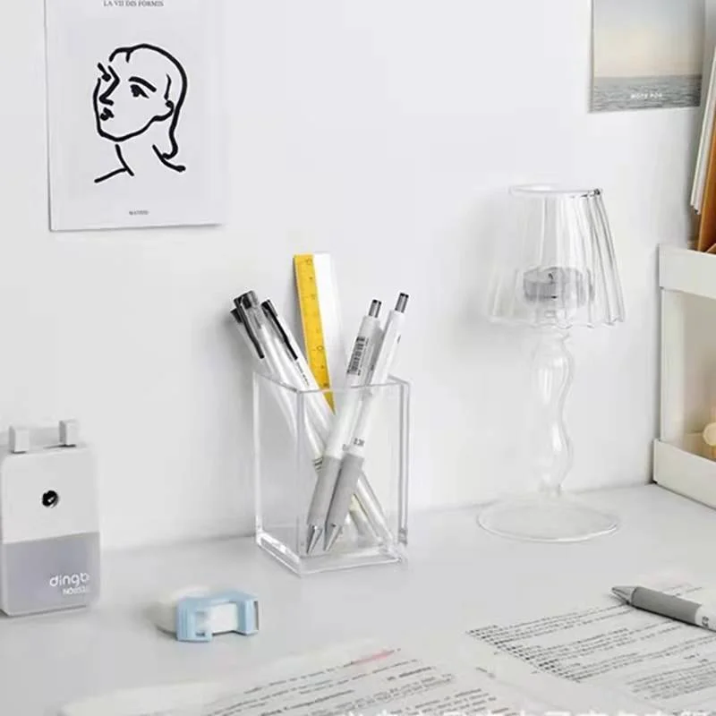 Acrylic Cosmetic Brush Storage Tube Transparent Makeup Tool Holder Organizer Box Student Desktop Square Pen Case |