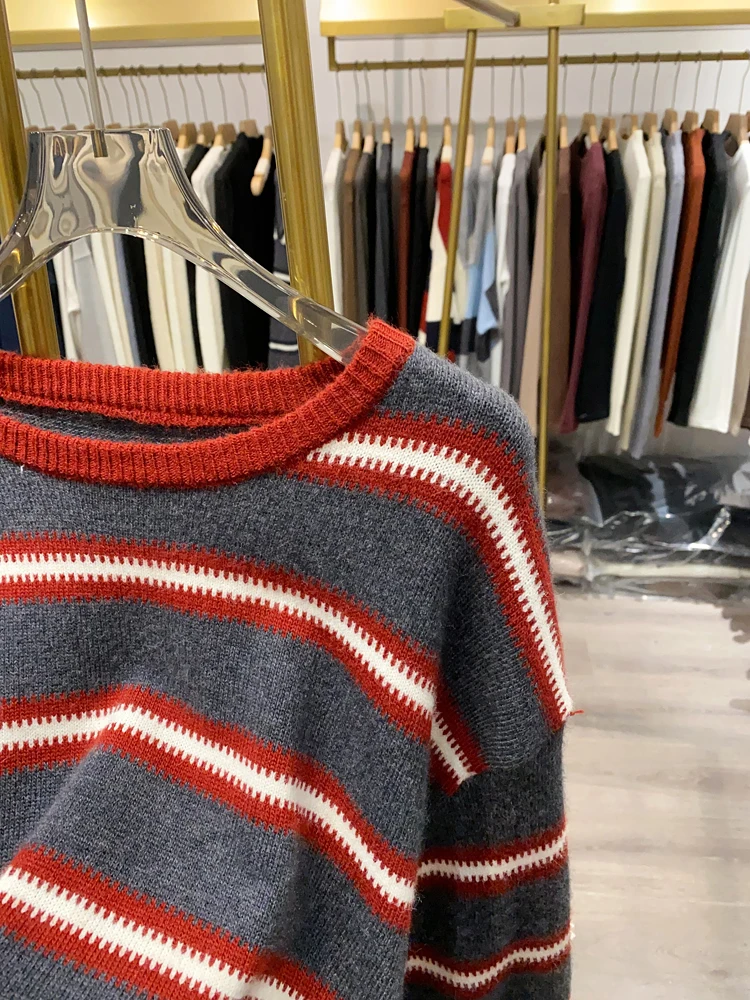 [Xiaoai Stall Real Shot] High-Grade Color Matching round Neck Striped sweater Women Winter Comfortable Soft Glutinous All-Mat...