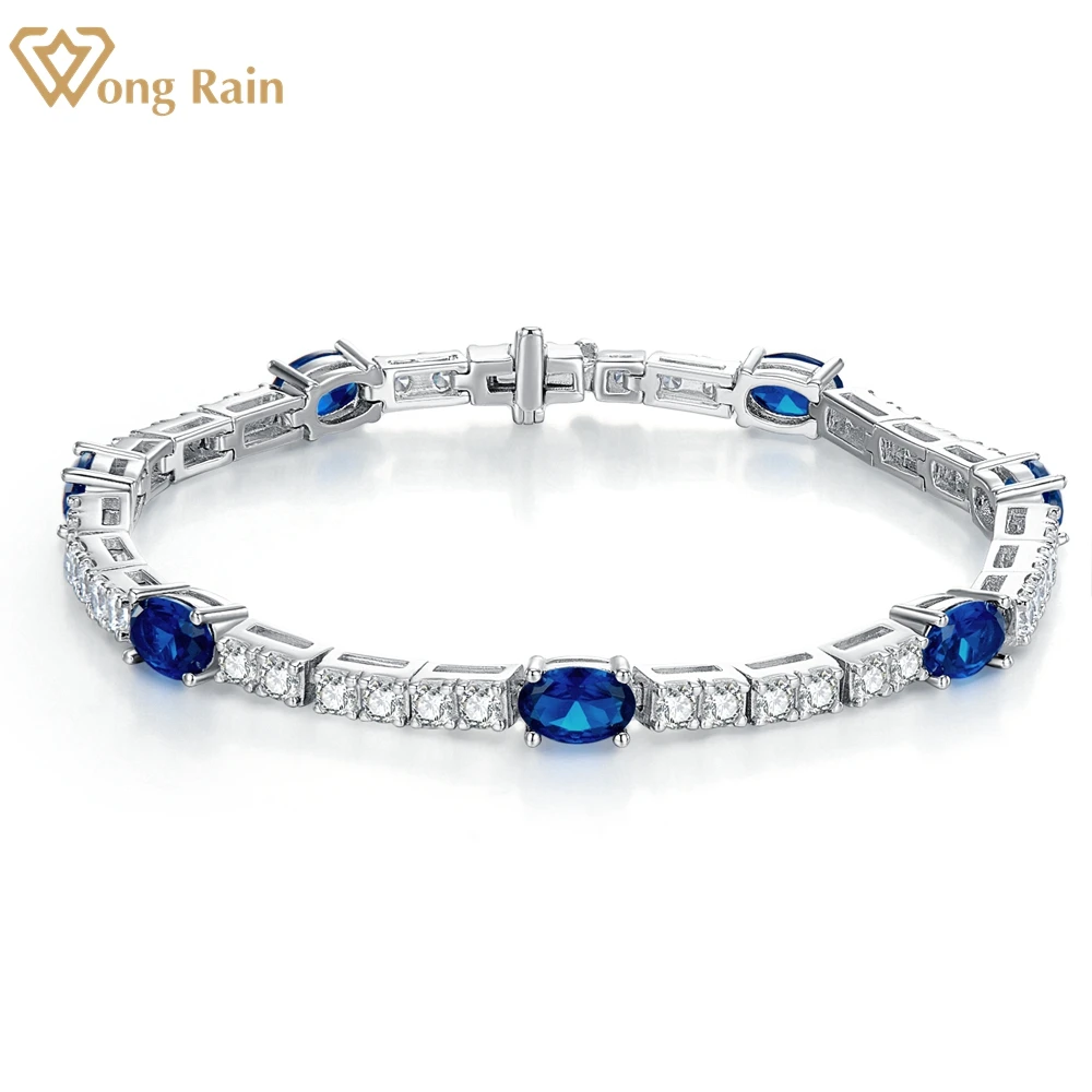 Wong Rain 925 Sterling Silver Oval Lab Sapphire Ruby High Carbon Diamonds Gemstone Tennis Chain Bracelet Bangle Fine Jewelry