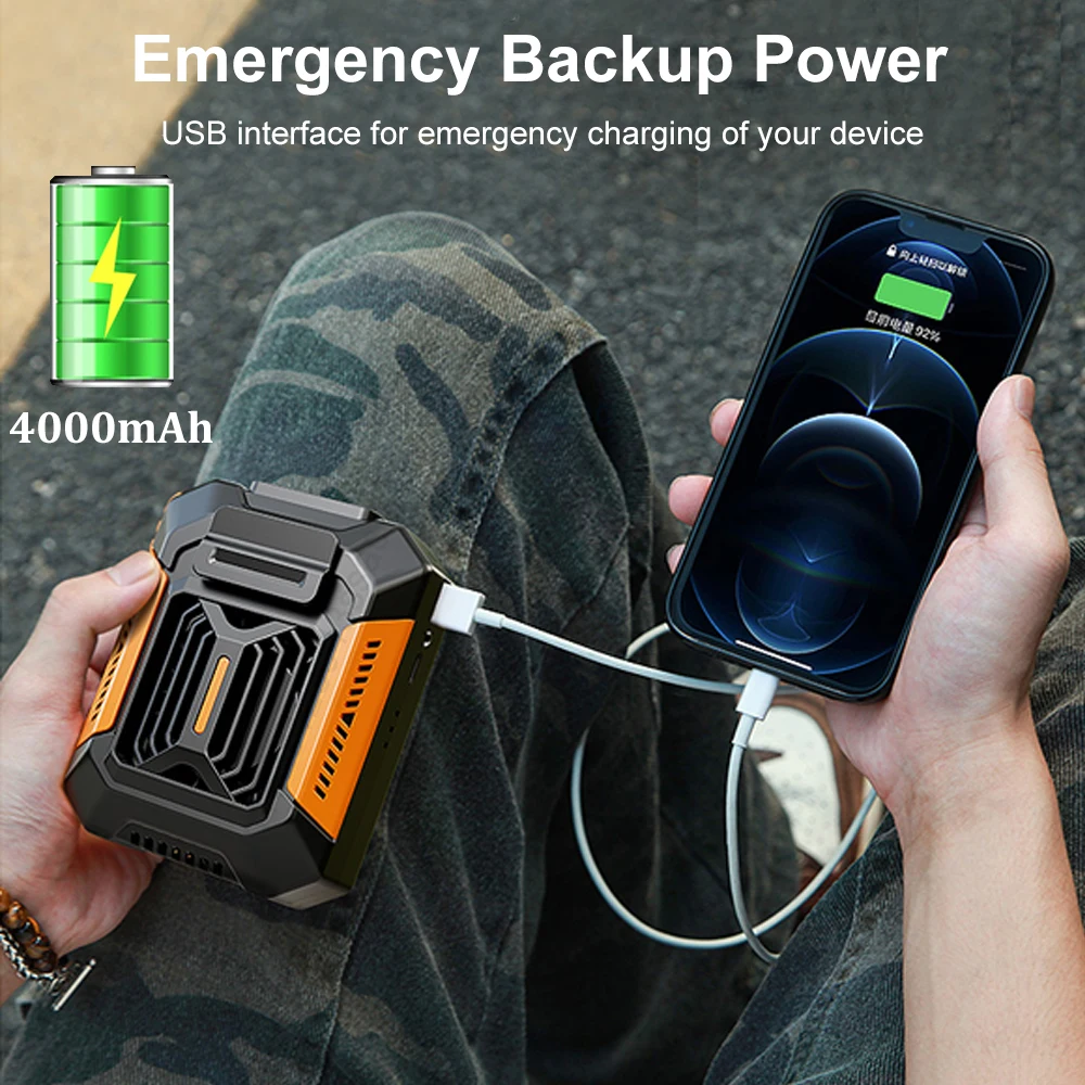 Фото Портативный мини-вентилятор E5 с креплением на пояс, USB-зарядкой, для кемпинга, с функцией Power Bank и LED-подсветкой №4