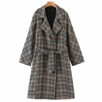 autumn and winter suit collar slim fit belt womens casual longline check coat womens check jacket thick woolen coat 2022