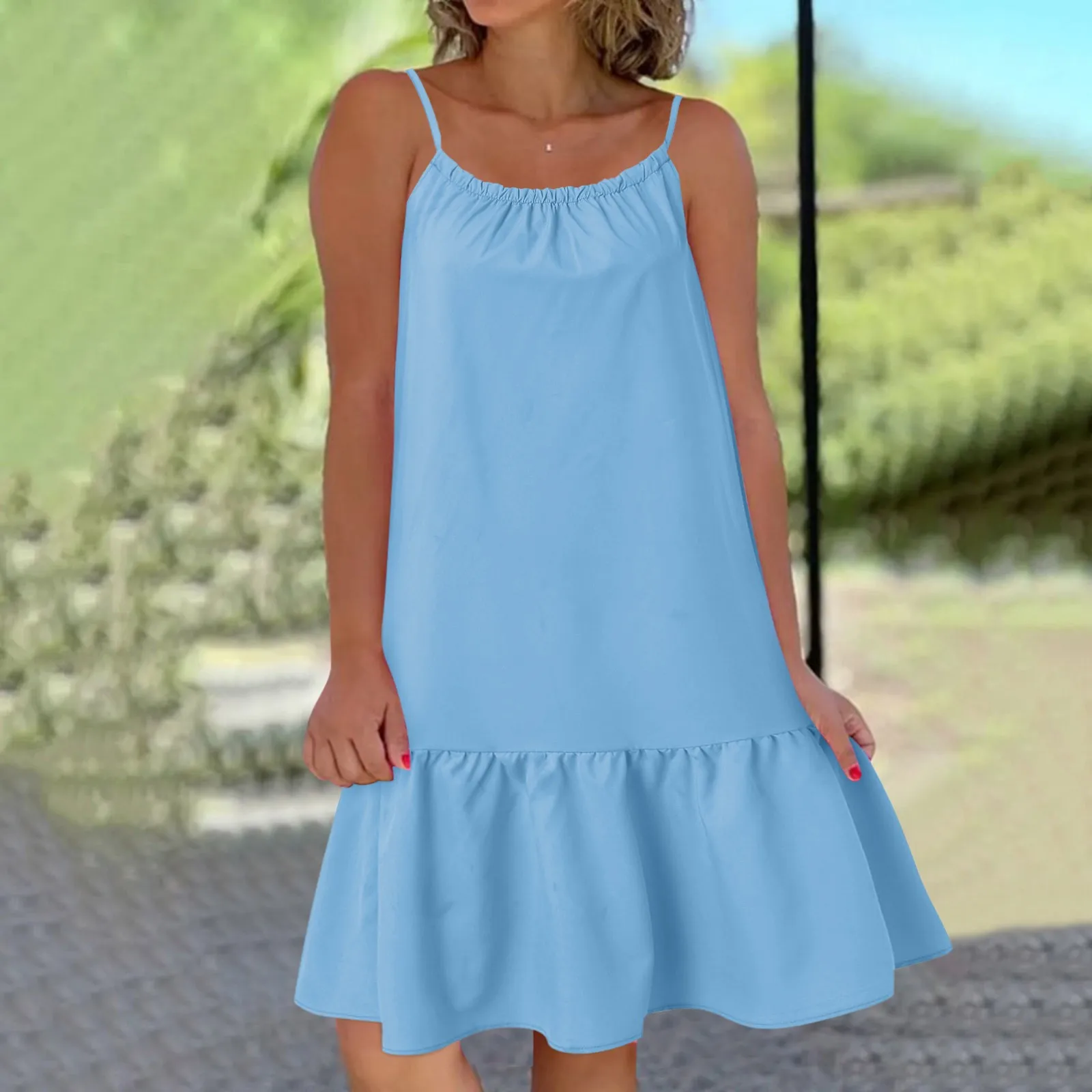 

Женские повседневные платья с цветочным принтом, повседневные летние платья на бретелях-спагетти с круглым вырезом и оборками, 2023