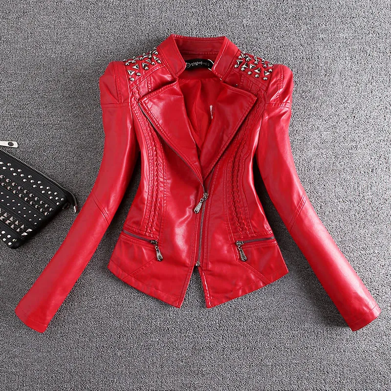 

2022 New Fashion Black Motorcycle Leather Jacket Women Rivet Zippers Biker Leather Coat Female Outerwear M-4XL R742