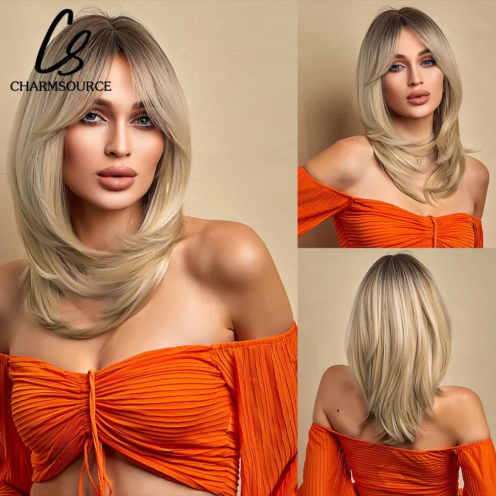 

Ombre Brown to Blonde Wig Dark Roots Layered Hair For Women Natural Wave with Side Part Bangs Synthetic Wigs Daily Party Use