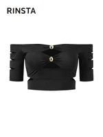 rinsta 2022 summer solid black tops women blouses hollow out off shoulder top sexy party club button tunic streetwear