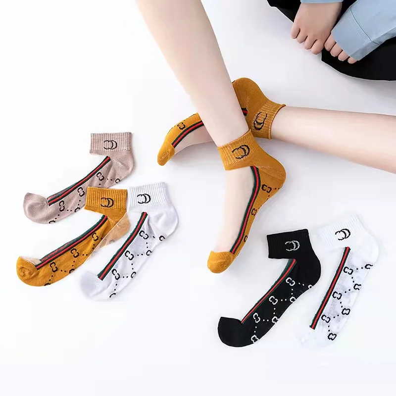 

1 pair Summer Woman Silk Socks Ankle Lace Letters European And American Funny Harajuku Transparent Glass Fiber Fashion Striped