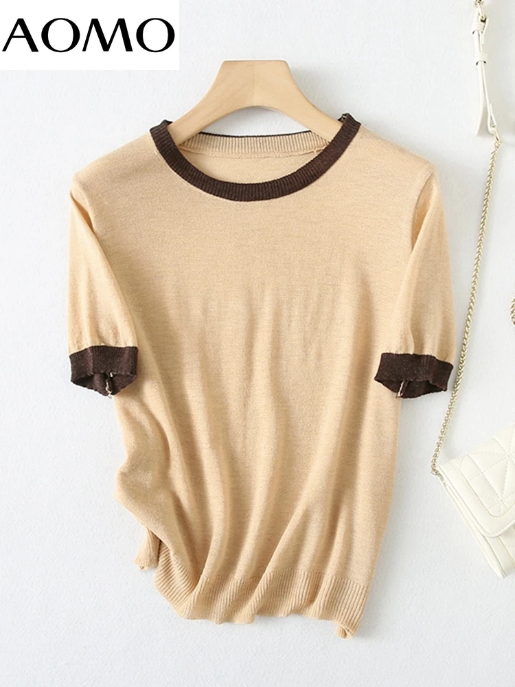 

AOMO Korea Chic Women Color Block Summer Sweater Short Sleeve Ladies Knitted Jumper Tops YU25A