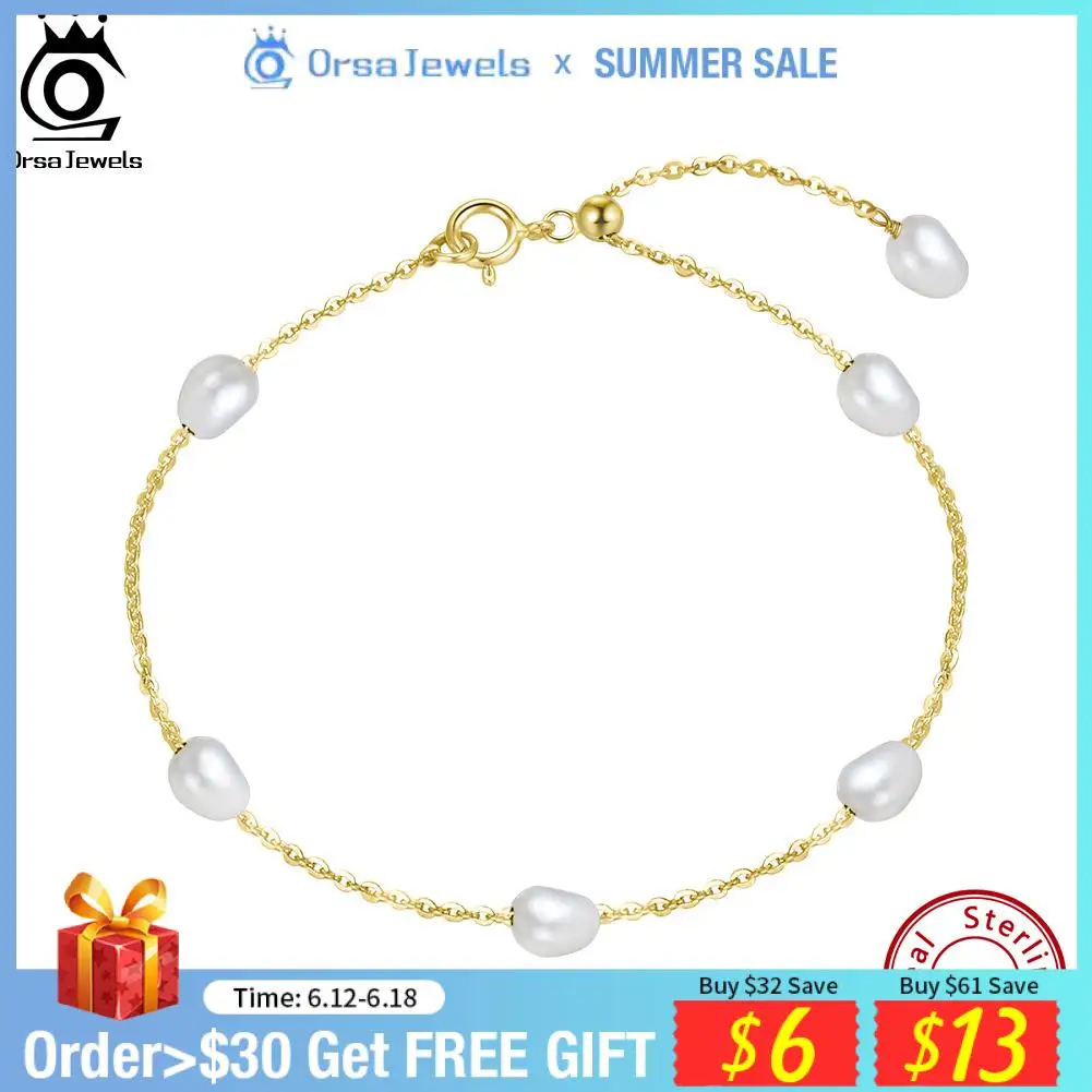 ORSA JEWELS 14k Gold 925 Sterling Silver Bracelet Adjustable Design with Natural Freshwater Pearl Delicate Vintage Jewelry GPB08