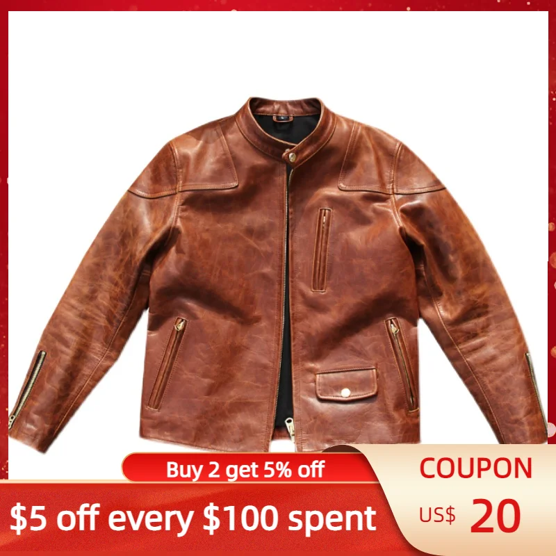 

Retro Brown Men's Spring Jacket Motorcycle Style Plus Size 4XL Natural Cowhide Slim Fit Short Genuine Leather Coats