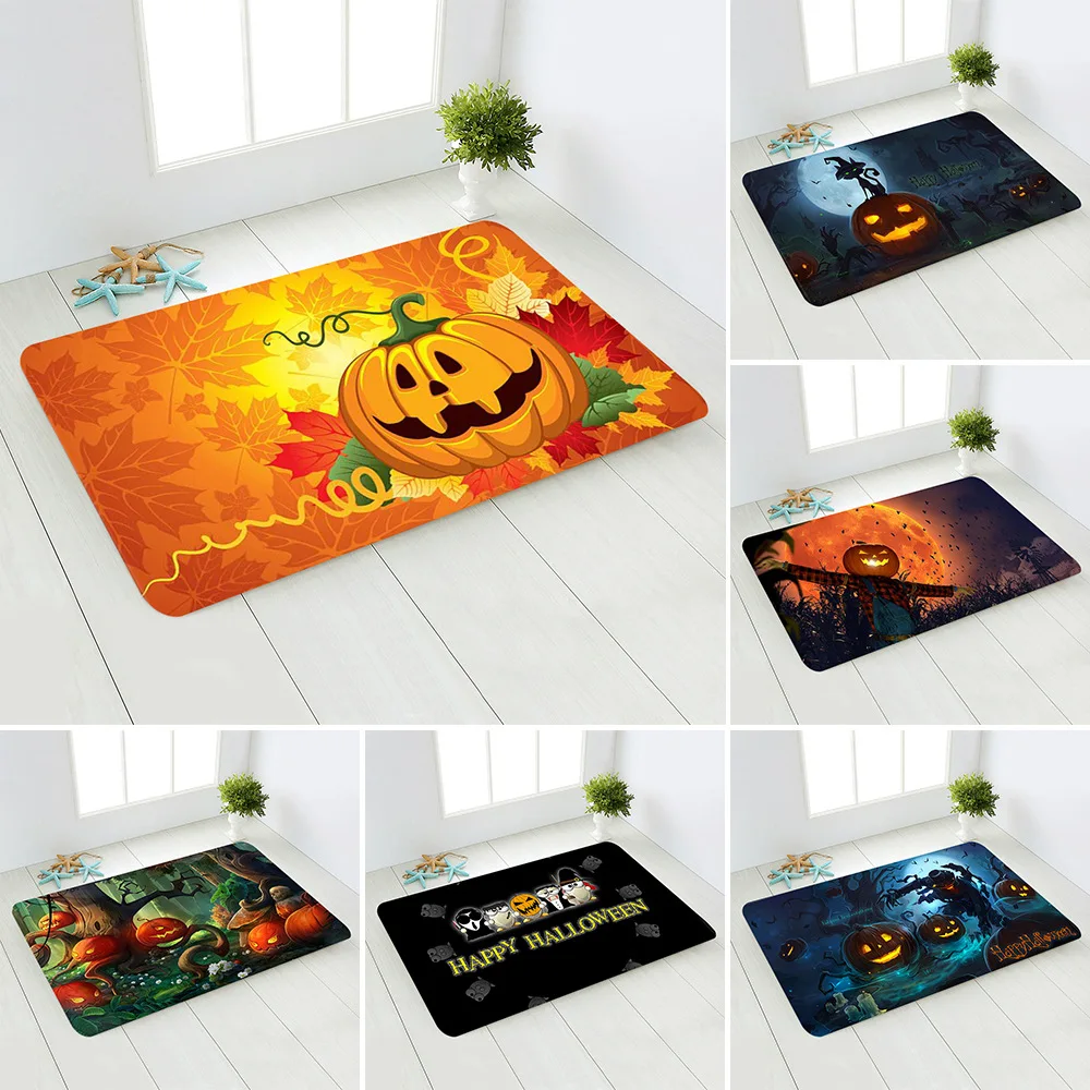

Halloween Outdoor Rugs Anti-slip Entrance Door Mat Yellow Pumpkin Ghost Party Dark Bats Floor Carpet Small Square Polyester Mat
