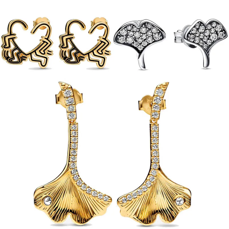 

Original Golden Shine Gingko Leaf Walking Heart Stud Crystal Earring 925 Sterling Silver Earrings For Women Gift Europe Jewelry