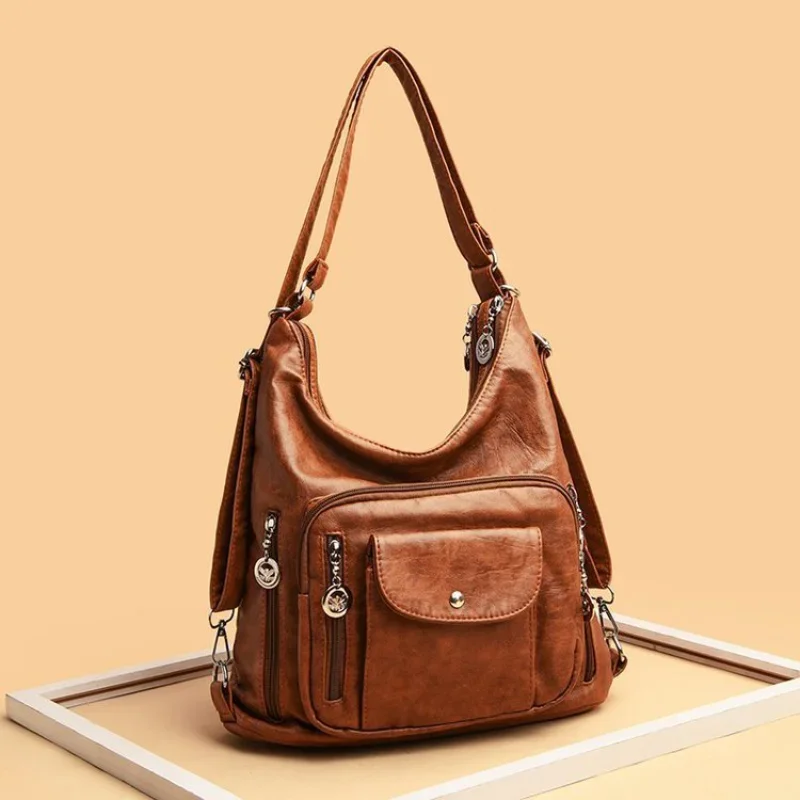 

Shoulder Bags for Women Vintage Soft PU Leather Handbags Ladies Top-Handle Bags Multi-pocket Casual Shopper Bags Retro Tote Bags