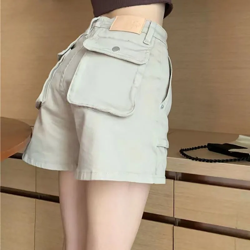 Large Pocket Cargo Denim Shorts Women Summer High Waist Shorts Slim Hot Pants High Quality Loose Straight Leg Pants Jean Shorts