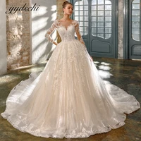 shiny wedding dresses for women 2022 luxury scoop long sleeves tulle lace bridal gown vintage elegant applique vestido de noiva