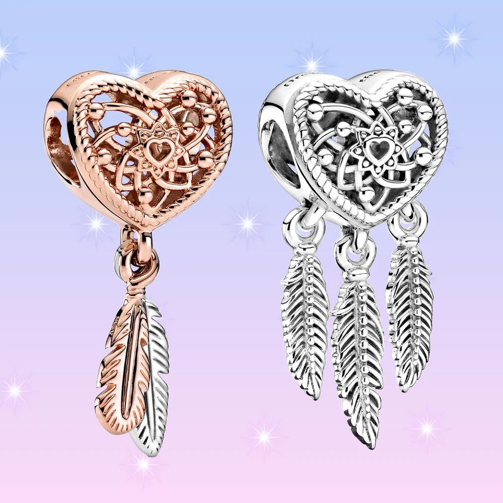 

Openwork Heart Two Feathers Dreamcatcher Charm 925 Silver Fit For Pandora Trendy Feast DIY Bracelet Necklace Gift