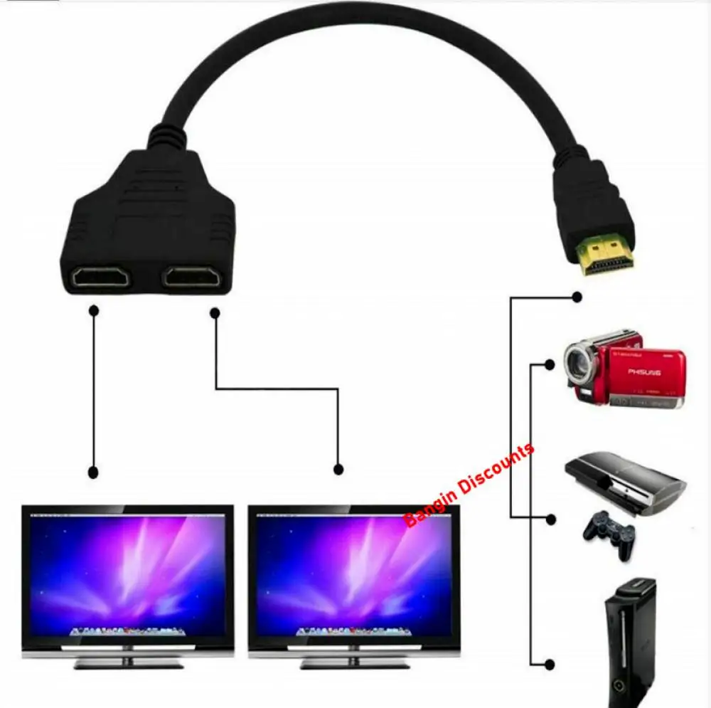 

HDMI-совместимый сплиттер RYRA, 1 вход, штекер на 2 выход, гнездовой порт, адаптер, конвертер 1080P, многоэкранный кабель дисплея