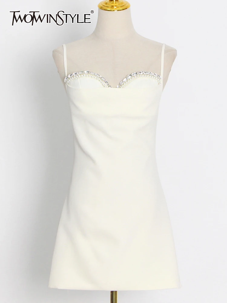 

TWOTWINSTYLE White Patchwork Diamonds Sling Dress For Women Square Collar Sleeveless High Waist Solid Mini Dresses Female Summer