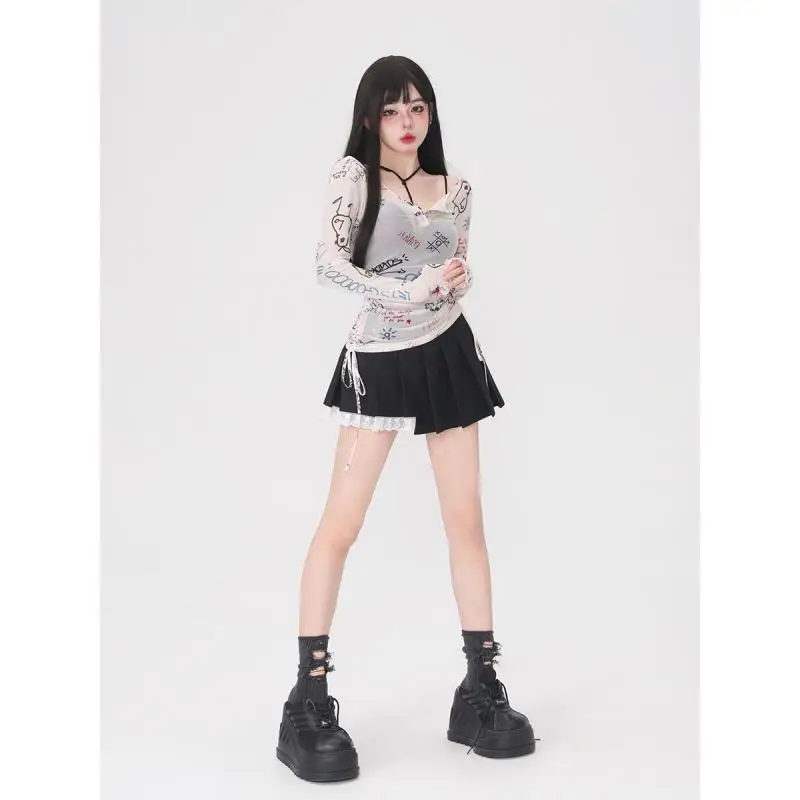 

Graffiti Tulle Chiffon Long-sleeved Slim T-shirt Body Jacket Women 2023 Summer New Black Pleated Skirt Female Perspective