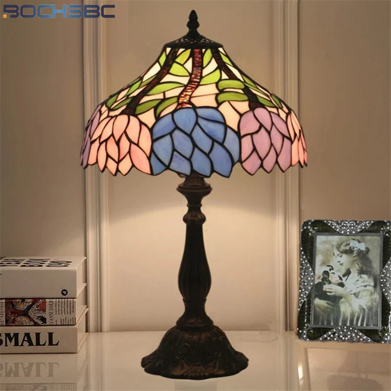 

BOCHSBC tiffany style desk lamp pink blue lotus dragonfly lampshade stained glass table light handicraft art dia12 inch e27 lamp
