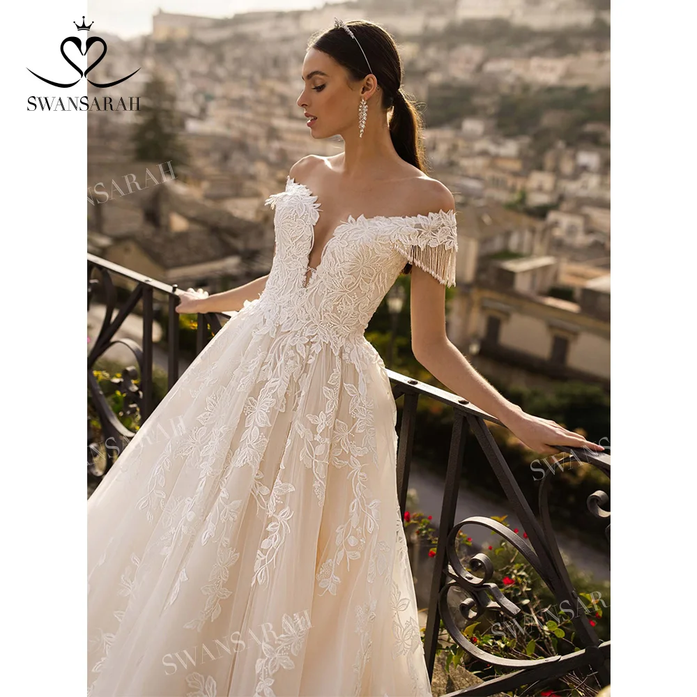 

Off Shoulder Beaded Wedding Dress 2023 Sweetheart A-Line Romantic Appliques Bride Gown Princess SwanSarah N304 Vestido De Novia