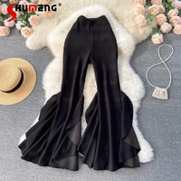 2022 spring new ladies fashion elegant ruffles trousers women korean style high waist slimming drape wide leg casual long pants