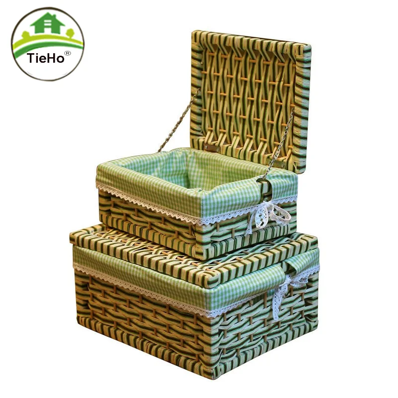 

Living Room Simple Tabletop Rattan Storage Basket With Lid Modern Clothes Laundry Storage Box Sundry Bin Home Accessories Green