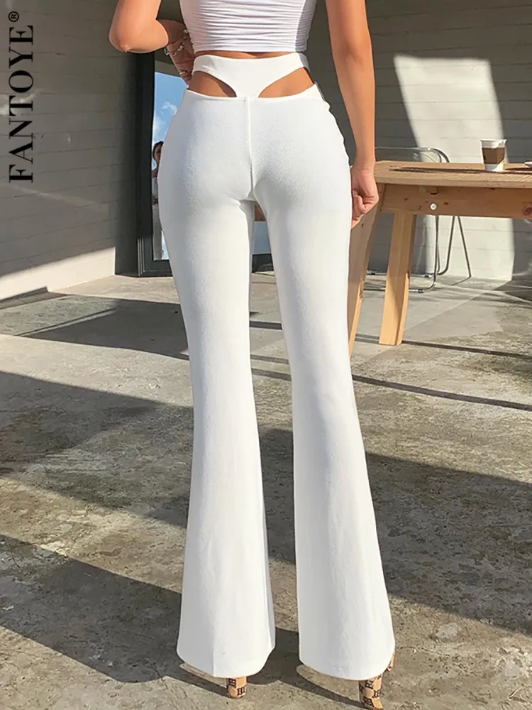 

Fantoye Sexy Hollow Out High Waist Women Pants White Slim Elegant Flare Pants Casual Women Spring Skinny Fashion Streetwear 2022