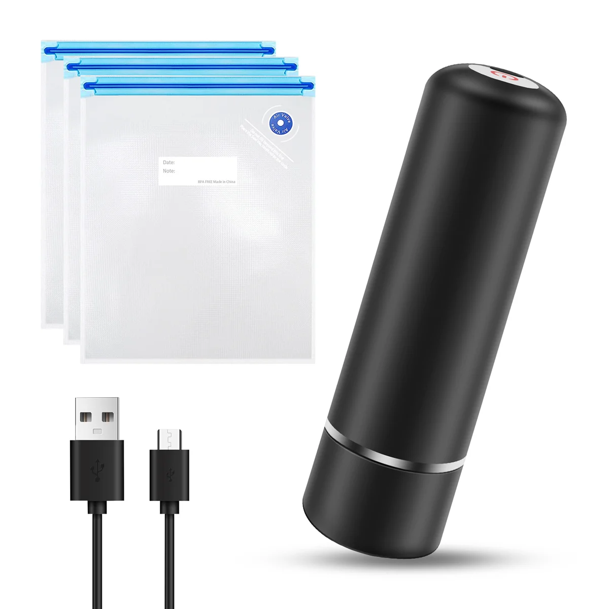Food Vacuum Sealer Machine Set with 3 Bags USB Rechargeable Handheld Pump for Foodsaver (Black)