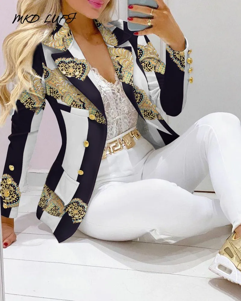 

MKDLUFI Scarf Striped Print Elegant Lapel Collar Double Breasted Blazer Tops Women