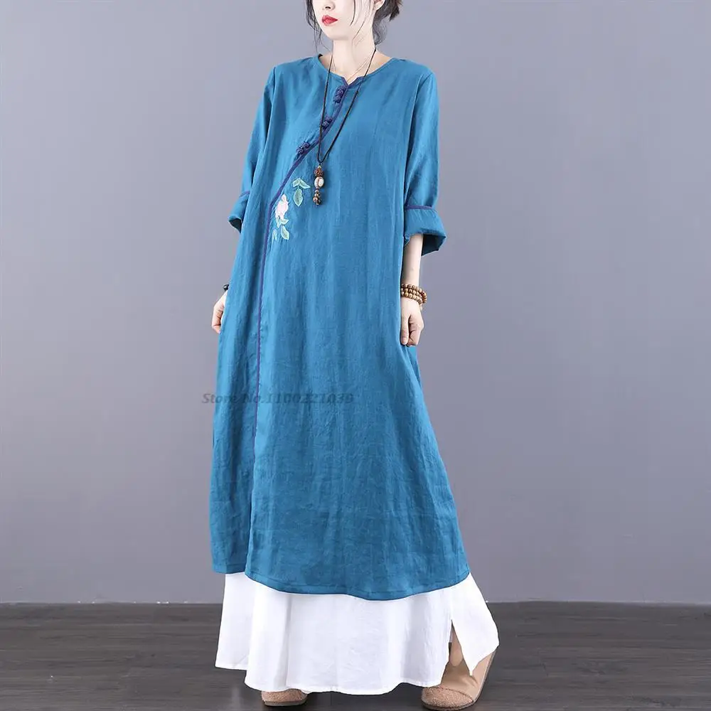 

2023 cheongsam women vintage qipao chinese cotton linen qipao dress flower embroidery qipao women chinese dress oriental qipao